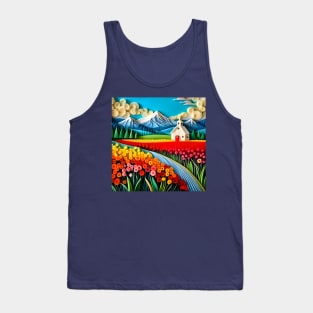 Swirly Quilled Fantasy Field of Multicolor Flowers and Mountains Tank Top